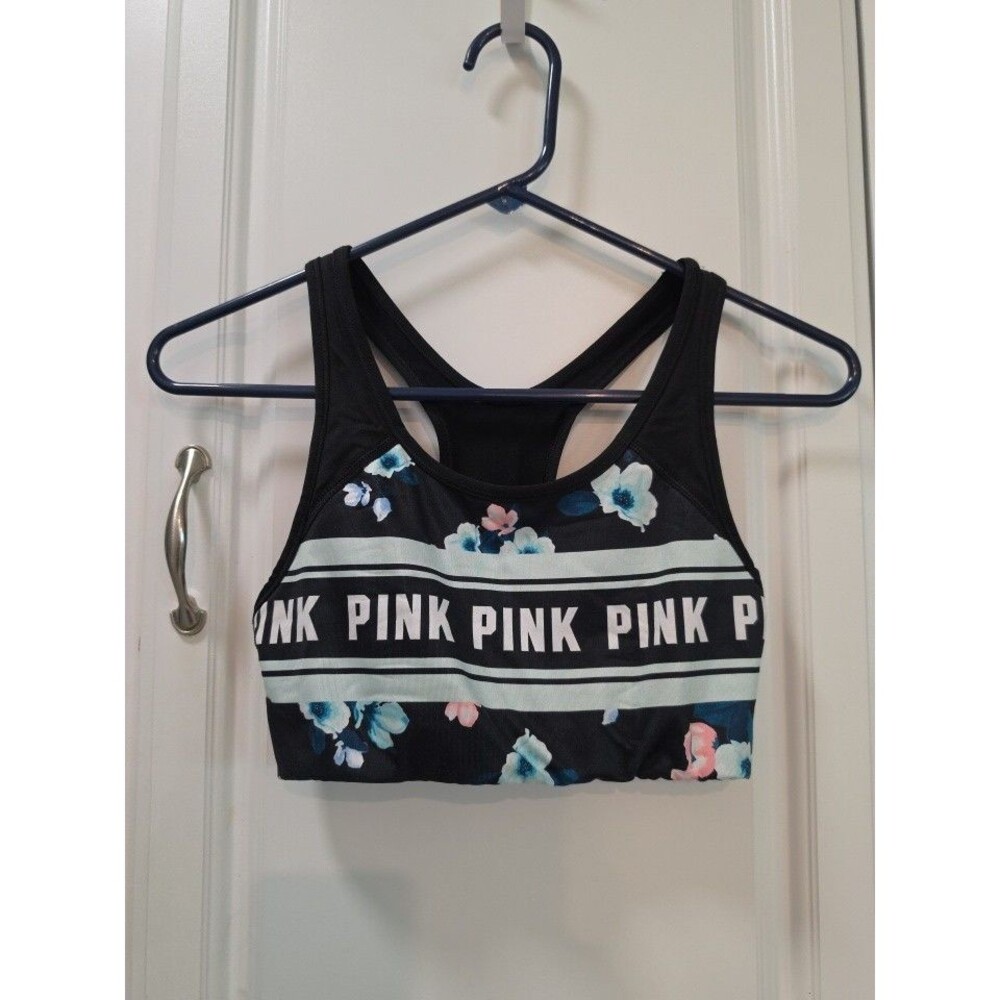 Victoria’s Secret PINK S Black Floral Logo Ultimate Lightly Lined Sports Bra